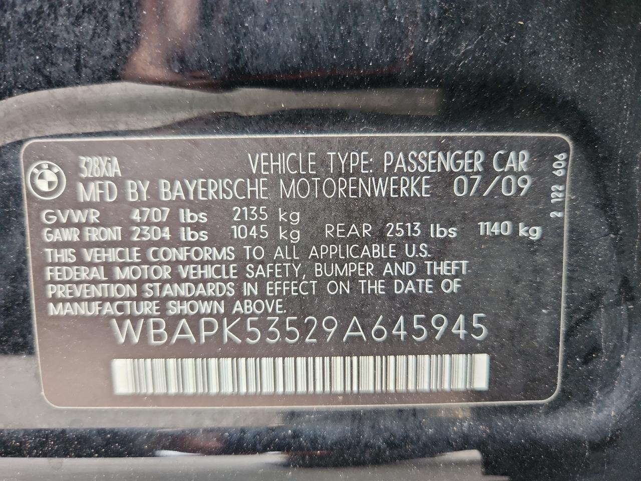 2009 BMW 328 Xi Sulev VIN: WBAPK53529A645945 Lot: 69425955