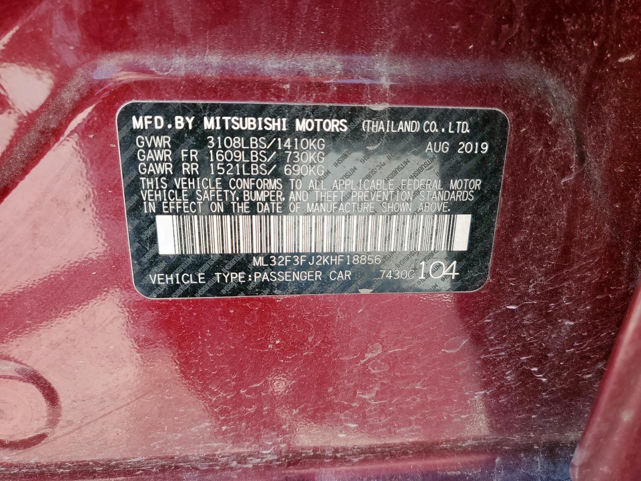 ML32F3FJ2KHF18856 2019 Mitsubishi Mirage G4 Es