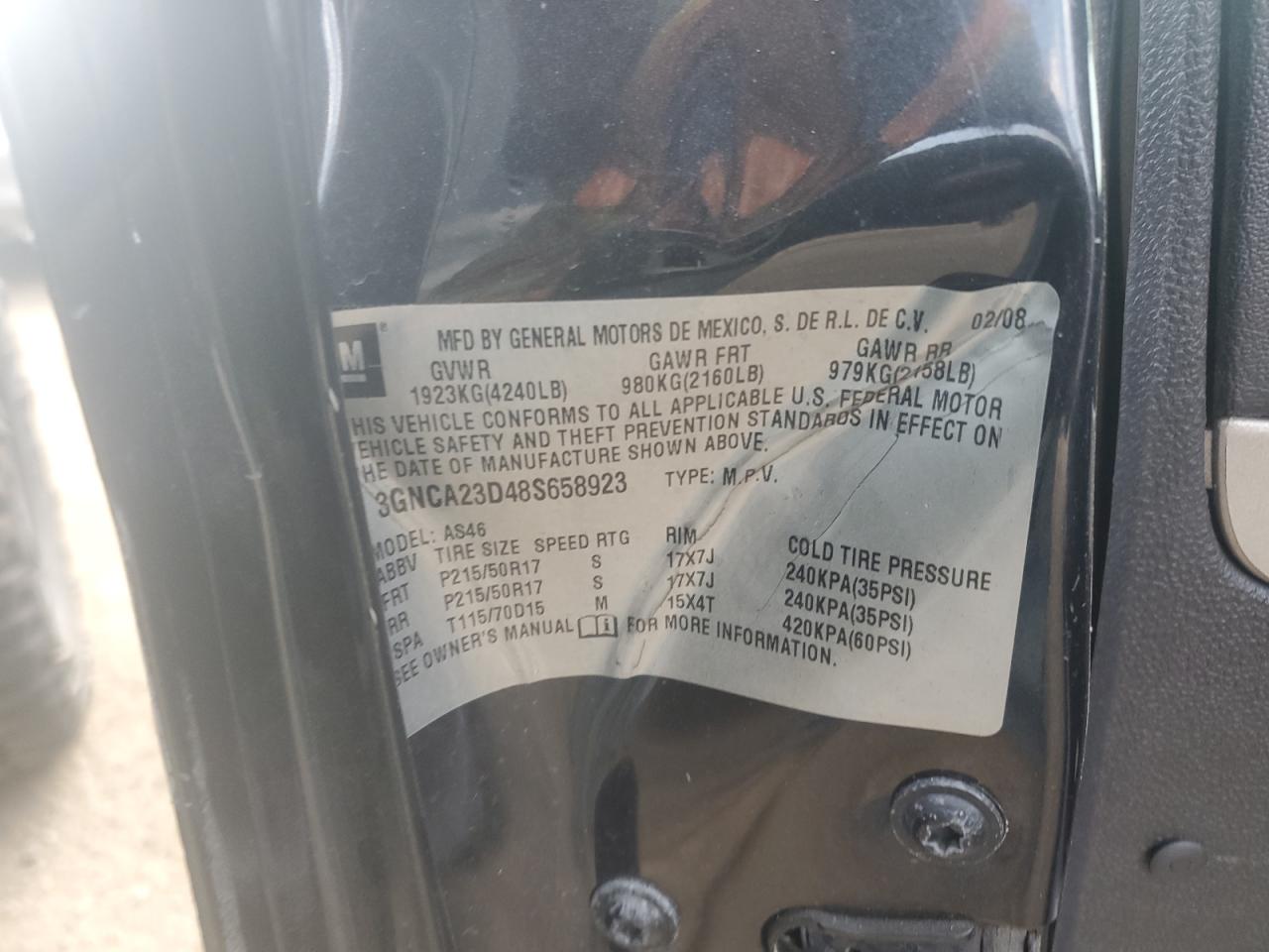 2008 Chevrolet Hhr Lt VIN: 3GNCA23D48S658923 Lot: 72038425