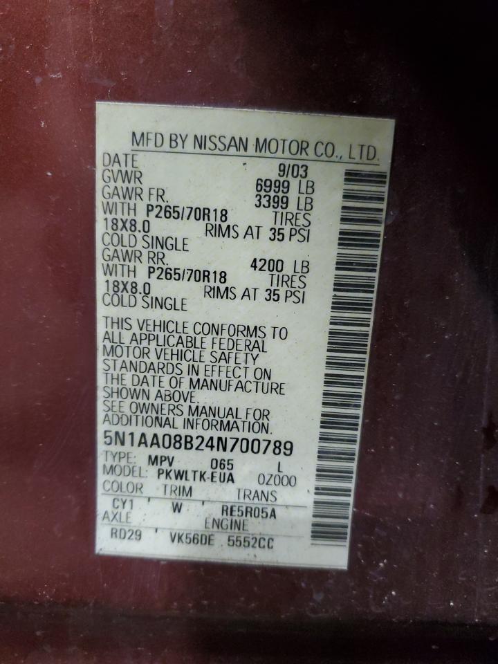 2004 Nissan Armada Se VIN: 5N1AA08B24N700789 Lot: 68662685