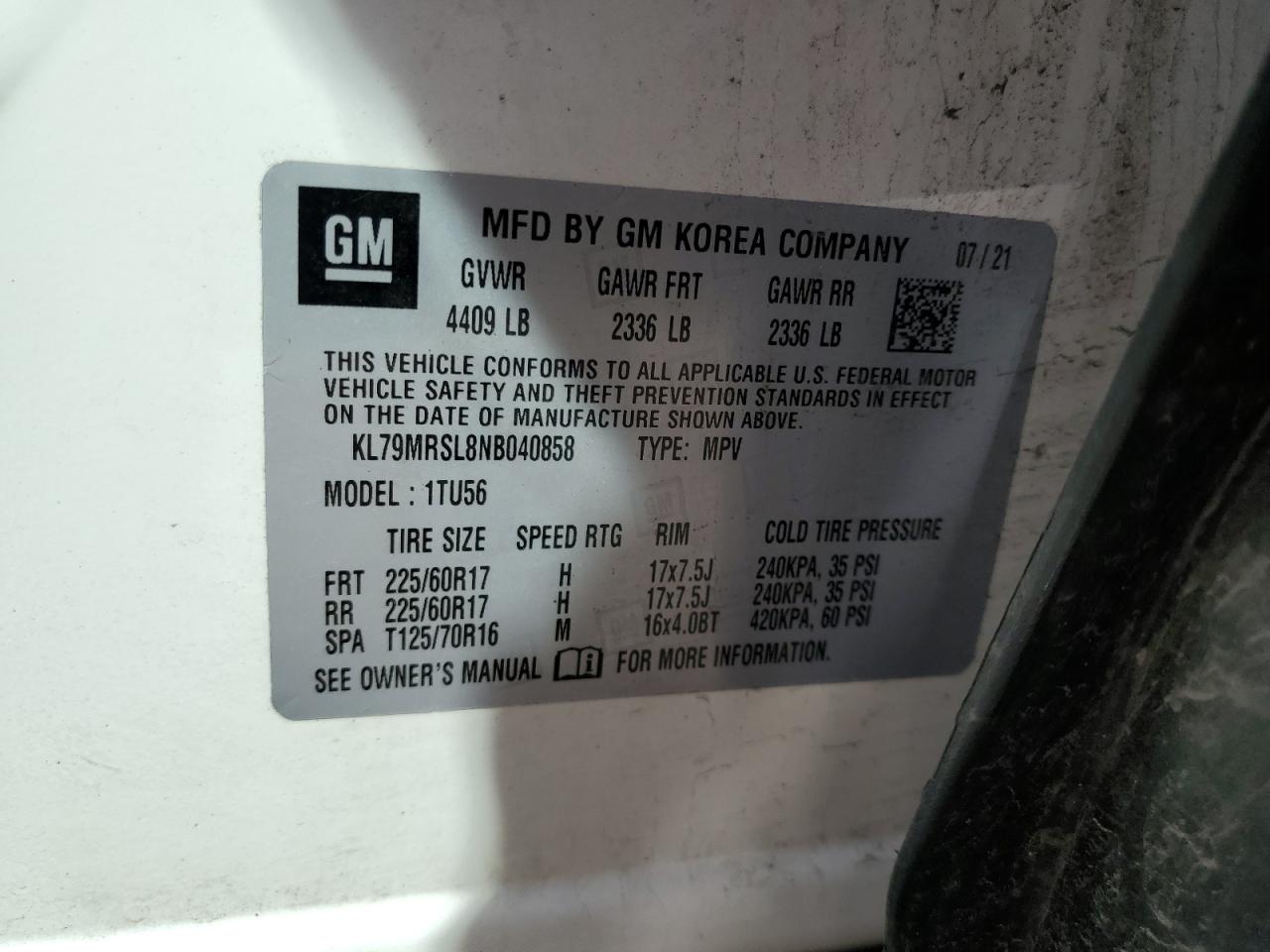 2022 Chevrolet Trailblazer Lt VIN: KL79MRSL8NB040858 Lot: 70634125