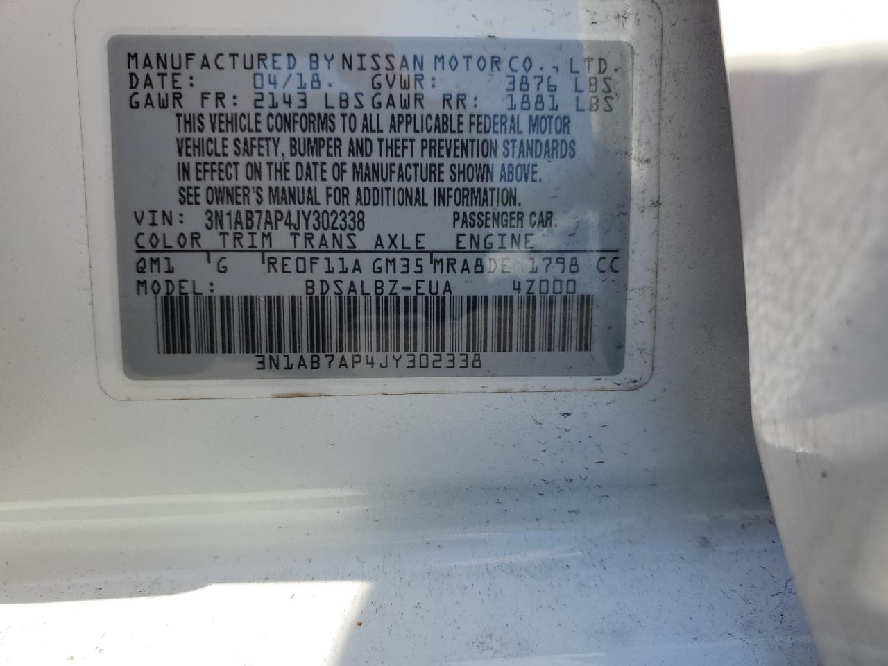 2018 Nissan Sentra S VIN: 3N1AB7AP4JY302338 Lot: 69602075