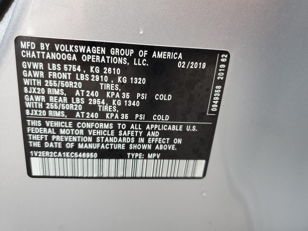 2019 Volkswagen Atlas Sel VIN: 1V2ER2CA1KC546950 Lot: 69438575