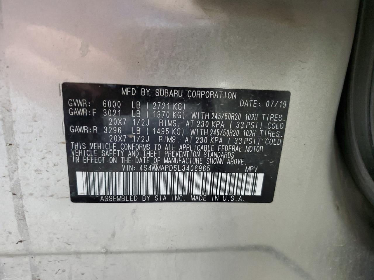 2020 Subaru Ascent Limited VIN: 4S4WMAPD5L3406965 Lot: 69387805