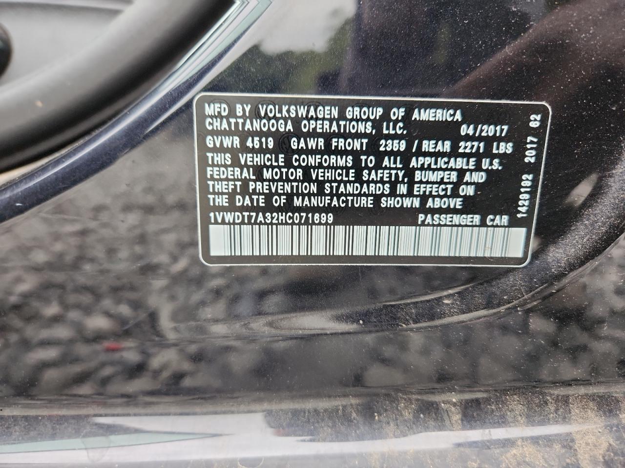 2017 Volkswagen Passat R-Line VIN: 1VWDT7A32HC071699 Lot: 66213025