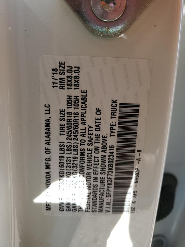 2019 Honda Ridgeline Rtl VIN: 5FPYK3F73KB023416 Lot: 69211645