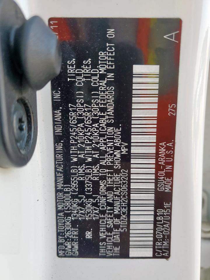 2012 Toyota Highlander Base VIN: 5TDZK3EH2CS063202 Lot: 67193635