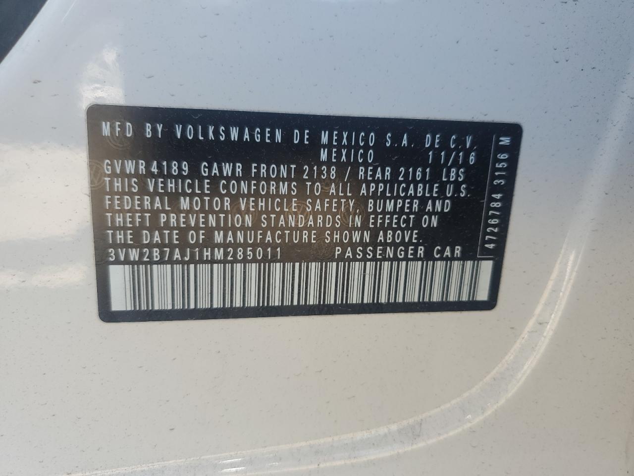 2017 Volkswagen Jetta S VIN: 3VW2B7AJ1HM285011 Lot: 68249755