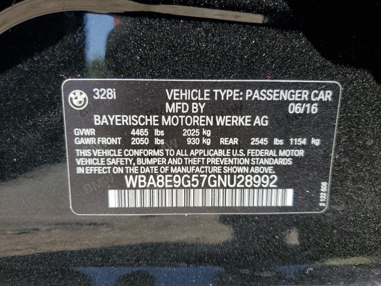 2016 BMW 328 I Sulev VIN: WBA8E9G57GNU28992 Lot: 68224855