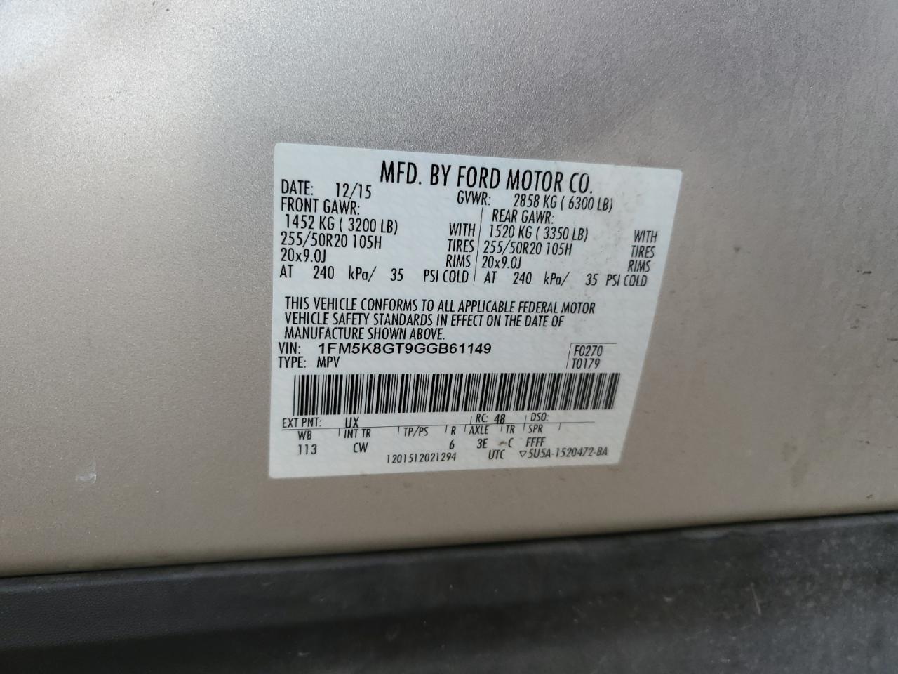 2016 Ford Explorer Sport VIN: 1FM5K8GT9GGB61149 Lot: 67291195