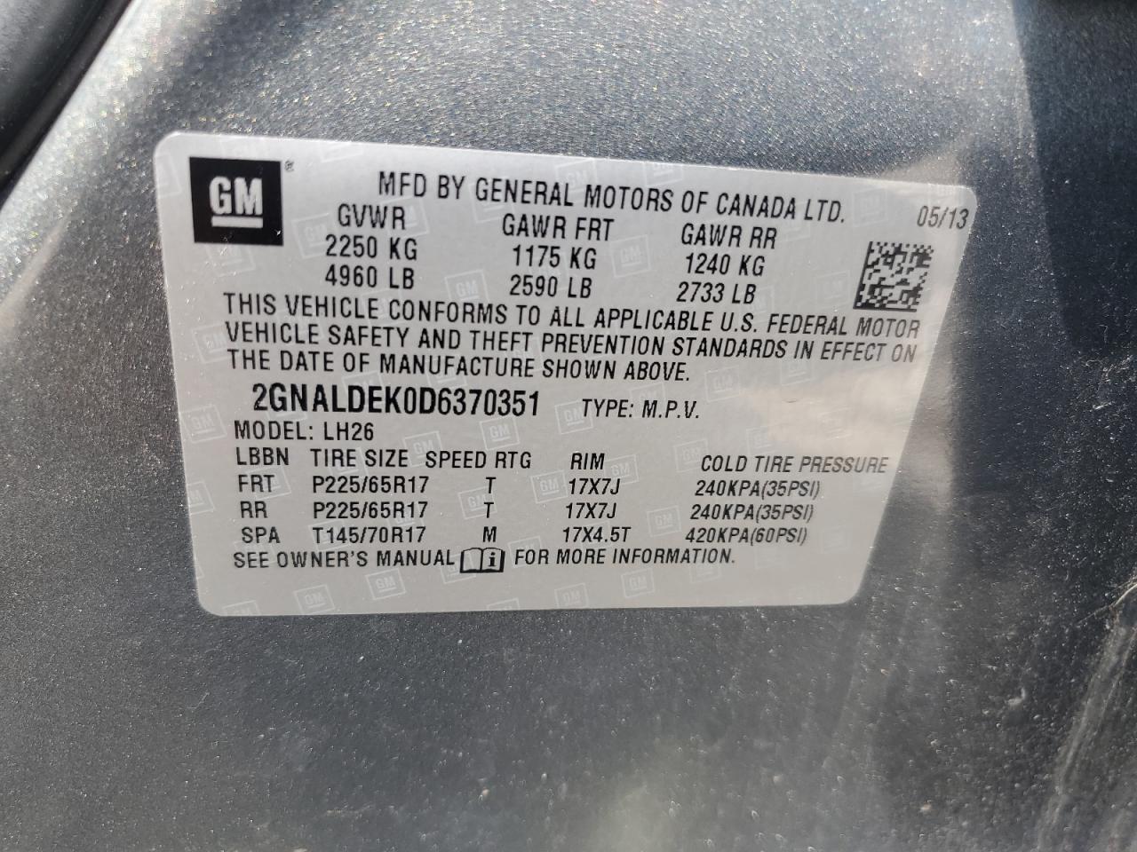 2GNALDEK0D6370351 2013 Chevrolet Equinox Lt