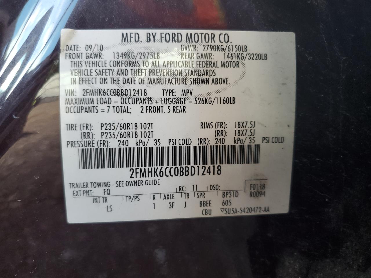 2011 Ford Flex Sel VIN: 2FMHK6CC0BBD12418 Lot: 70412325