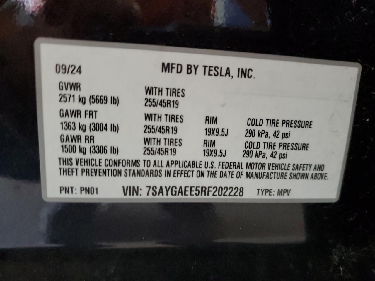 2024 Tesla Model Y VIN: 7SAYGAEE5RF202228 Lot: 67706715