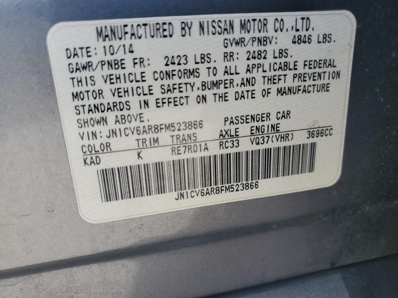 2015 Infiniti Q40 VIN: JN1CV6AR8FM523866 Lot: 70056855