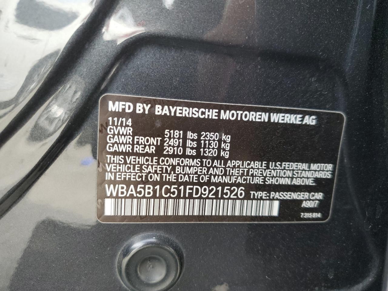 2015 BMW 535 I VIN: WBA5B1C51FD921526 Lot: 69629085