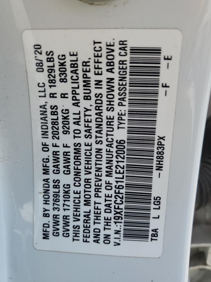 2020 Honda Civic Lx VIN: 19XFC2F61LE212006 Lot: 68895345