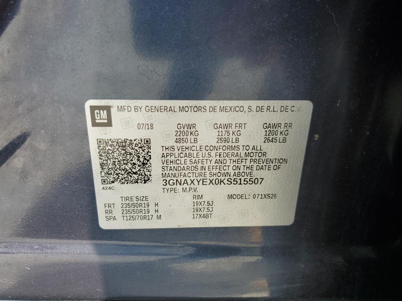 2019 Chevrolet Equinox Premier VIN: 3GNAXYEX0KS515507 Lot: 69683905