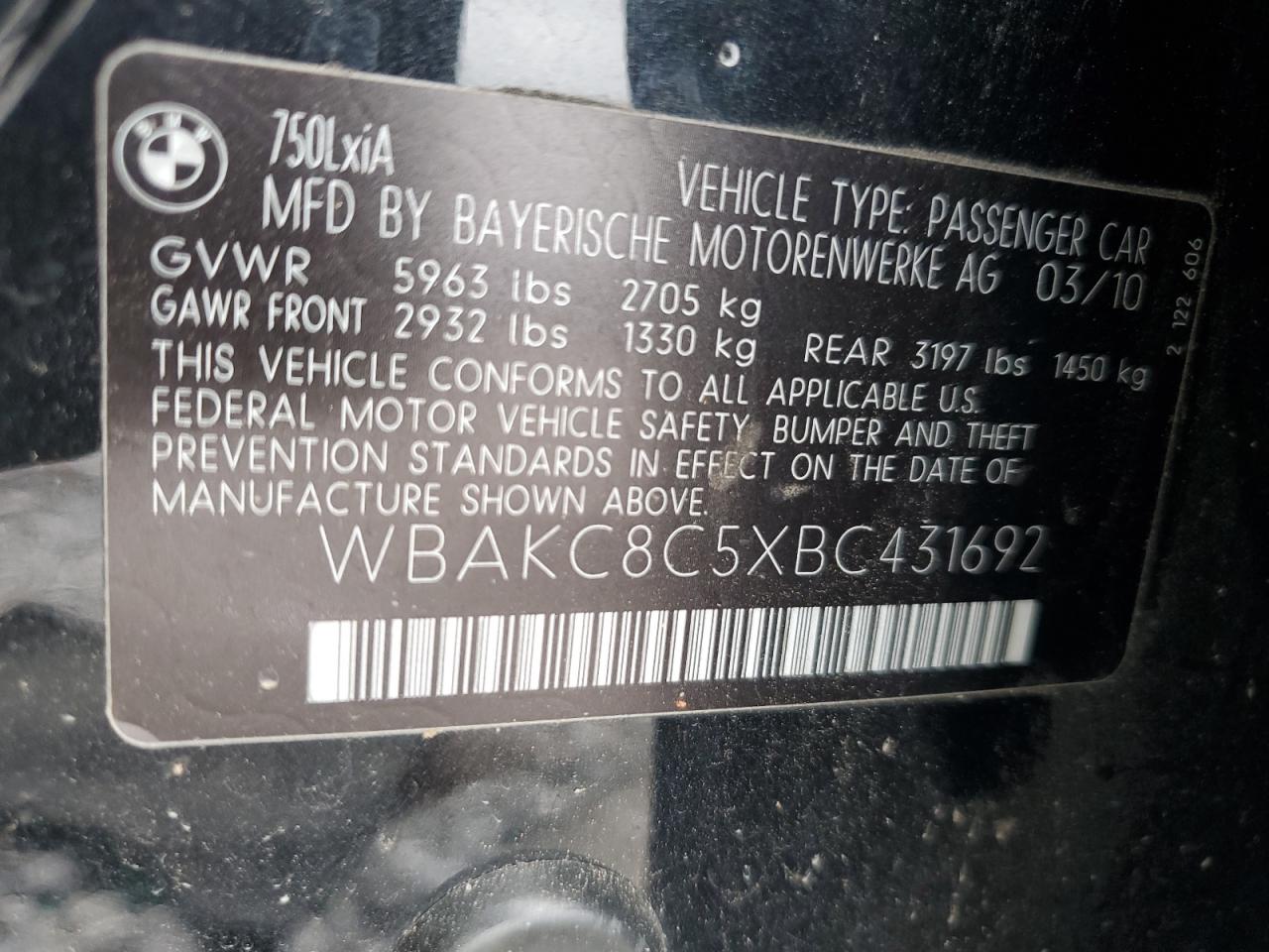 2011 BMW 750 Lxi VIN: WBAKC8C5XBC431692 Lot: 66876455