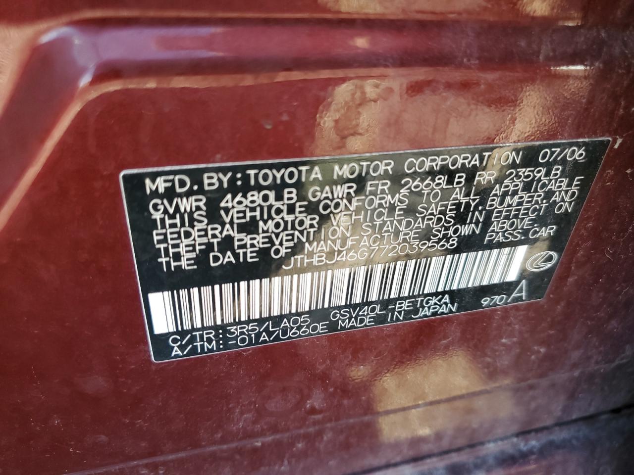 2007 Lexus Es 350 VIN: JTHBJ46G772039568 Lot: 70649035