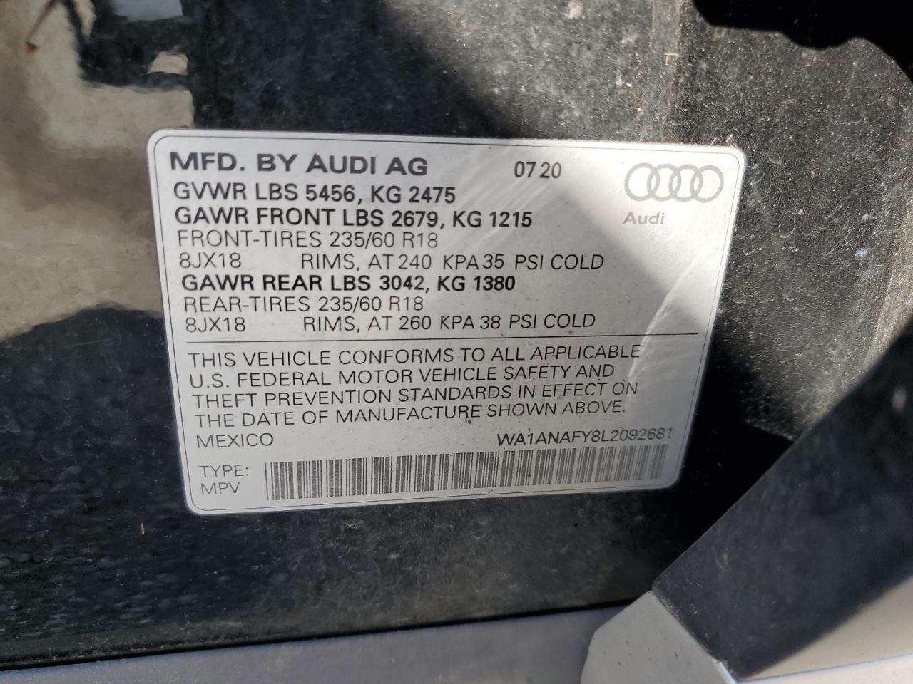 2020 Audi Q5 Premium VIN: WA1ANAFY8L2092681 Lot: 70317375