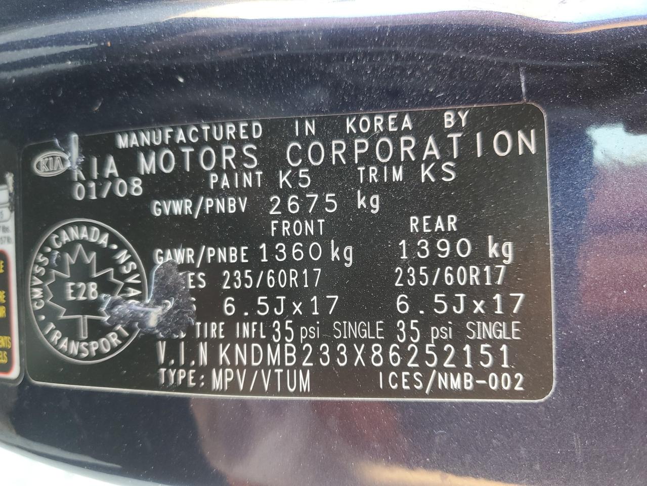 2008 Kia Sedona Ex VIN: KNDMB233X86252151 Lot: 70359345
