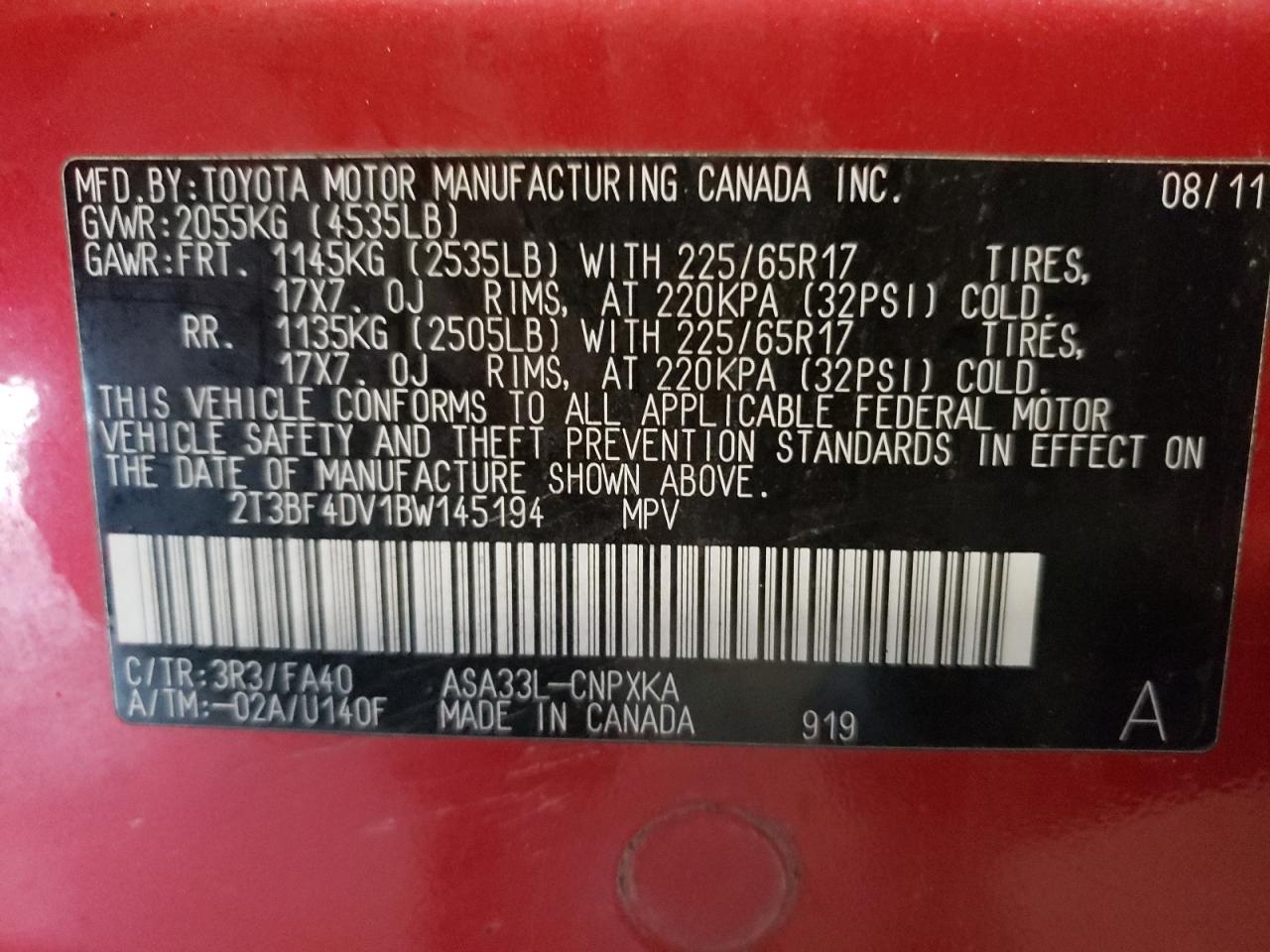 2011 Toyota Rav4 VIN: 2T3BF4DV1BW145194 Lot: 70916035