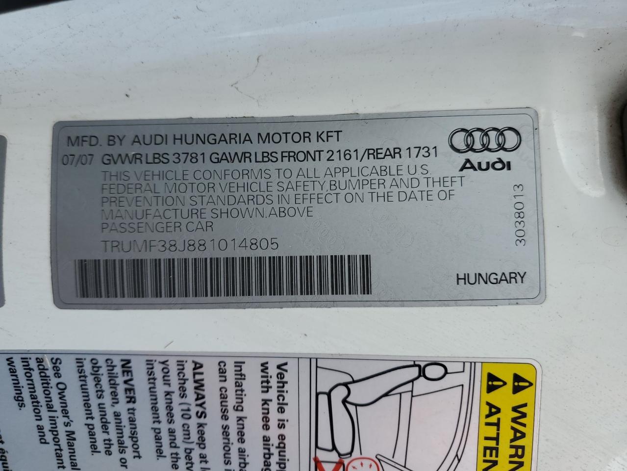 2008 Audi Tt 2.0T VIN: TRUMF38J881014805 Lot: 70547905