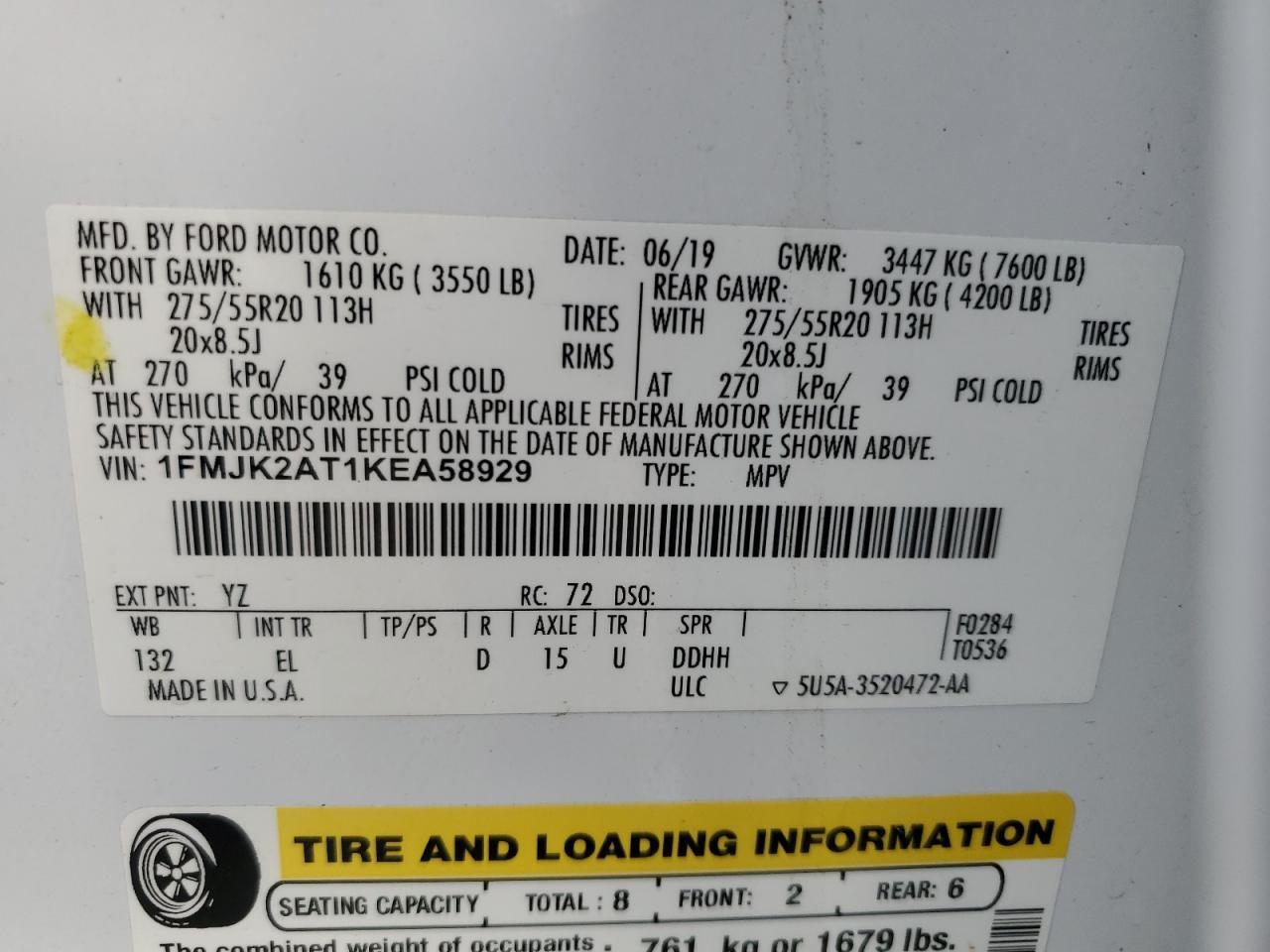 2019 Ford Expedition Max Limited VIN: 1FMJK2AT1KEA58929 Lot: 70642805