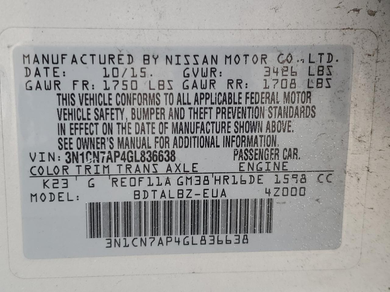 2016 Nissan Versa S VIN: 3N1CN7AP4GL836638 Lot: 69139175