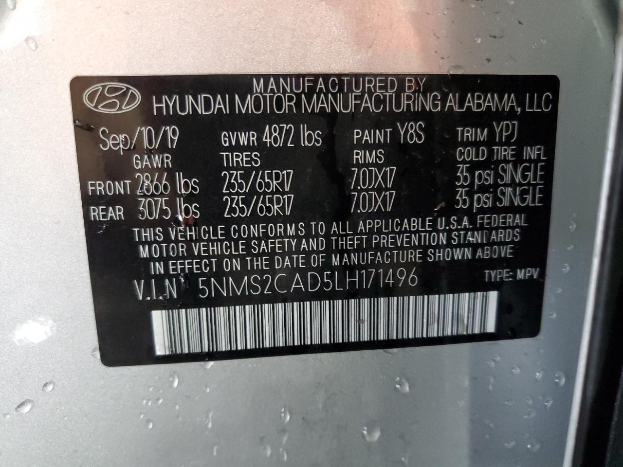 2020 Hyundai Santa Fe Se VIN: 5NMS2CAD5LH171496 Lot: 67635785