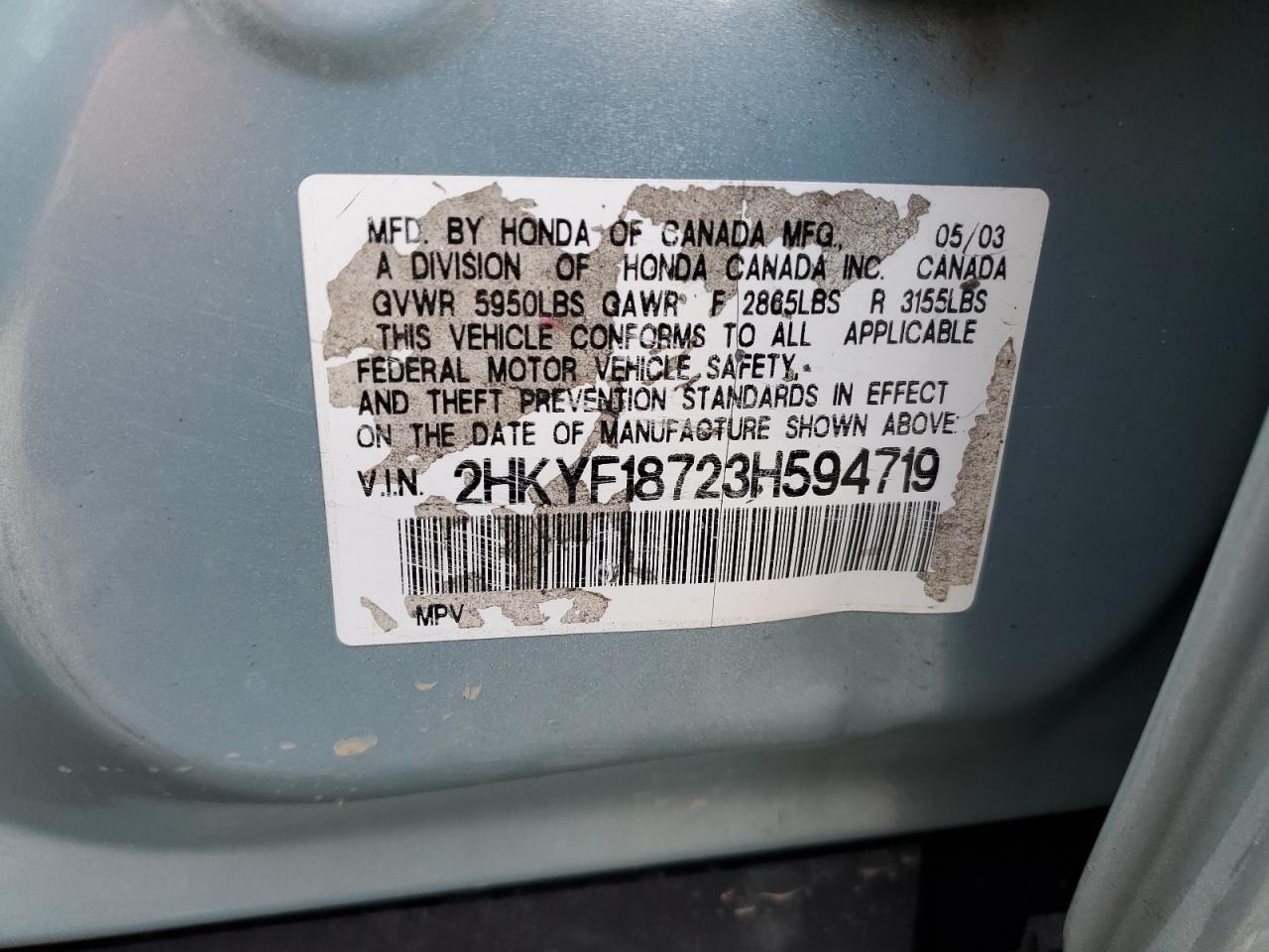 2003 Honda Pilot Exl VIN: 2HKYF18723H594719 Lot: 68364565