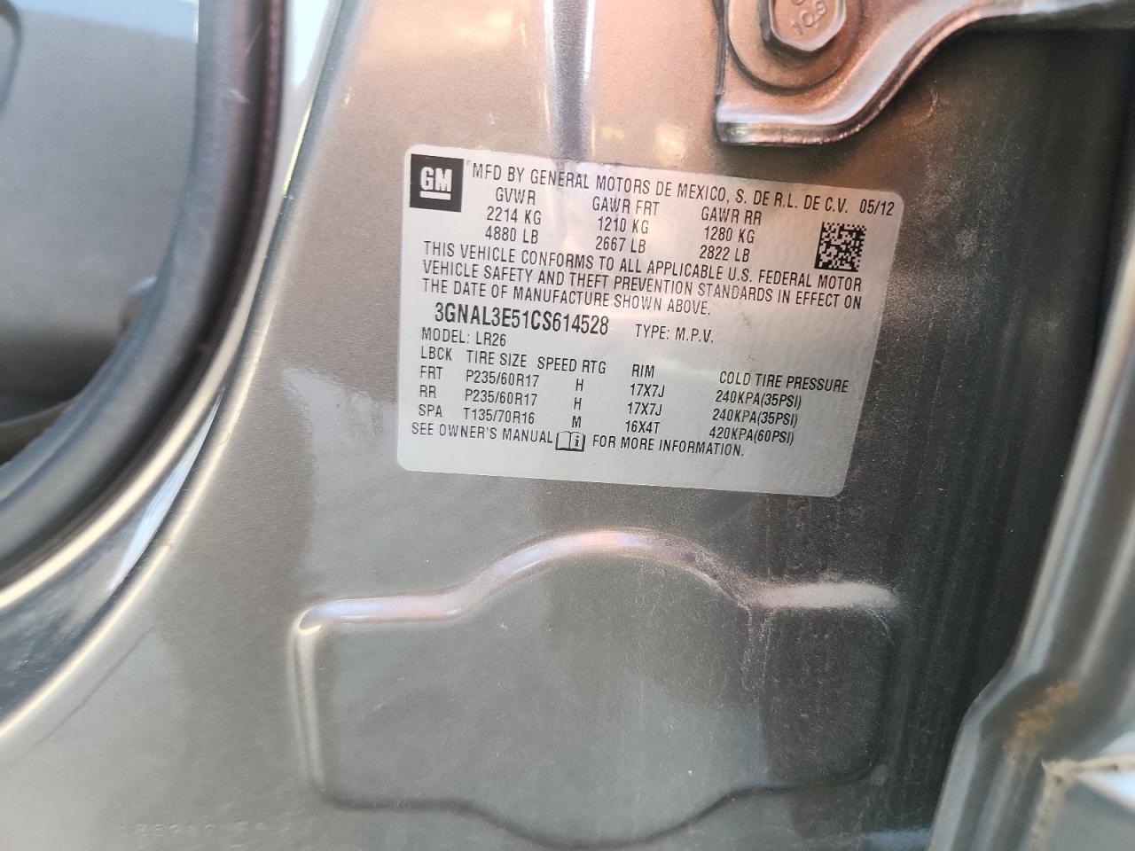 2012 Chevrolet Captiva Sport VIN: 3GNAL3E51CS614528 Lot: 70710395