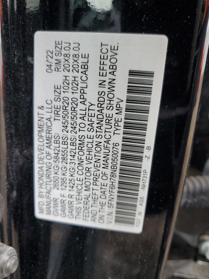 2022 Honda Pilot Black VIN: 5FNYF6H78NB050076 Lot: 69744065