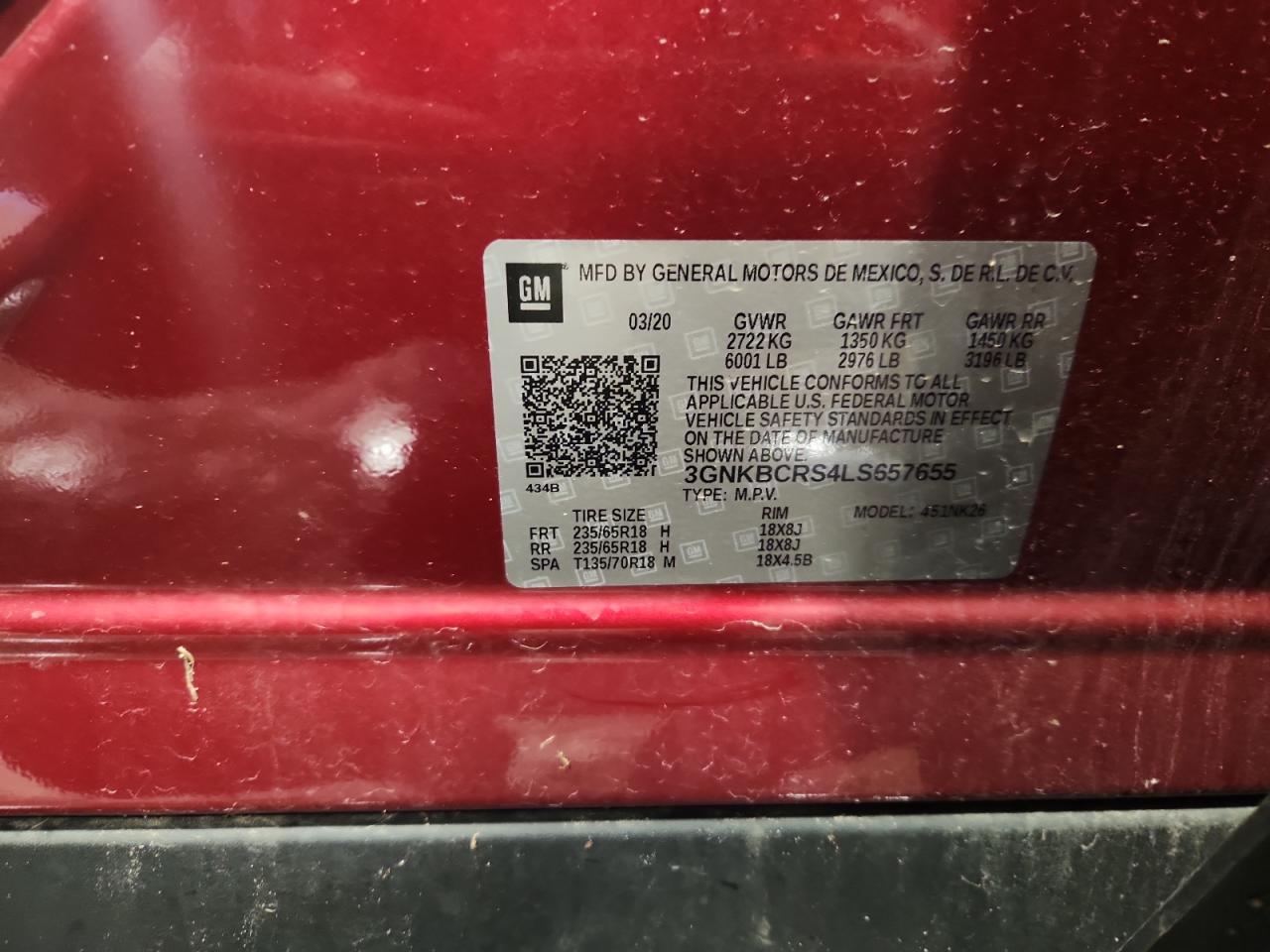 2020 Chevrolet Blazer 2Lt VIN: 3GNKBCRS4LS657655 Lot: 69673695