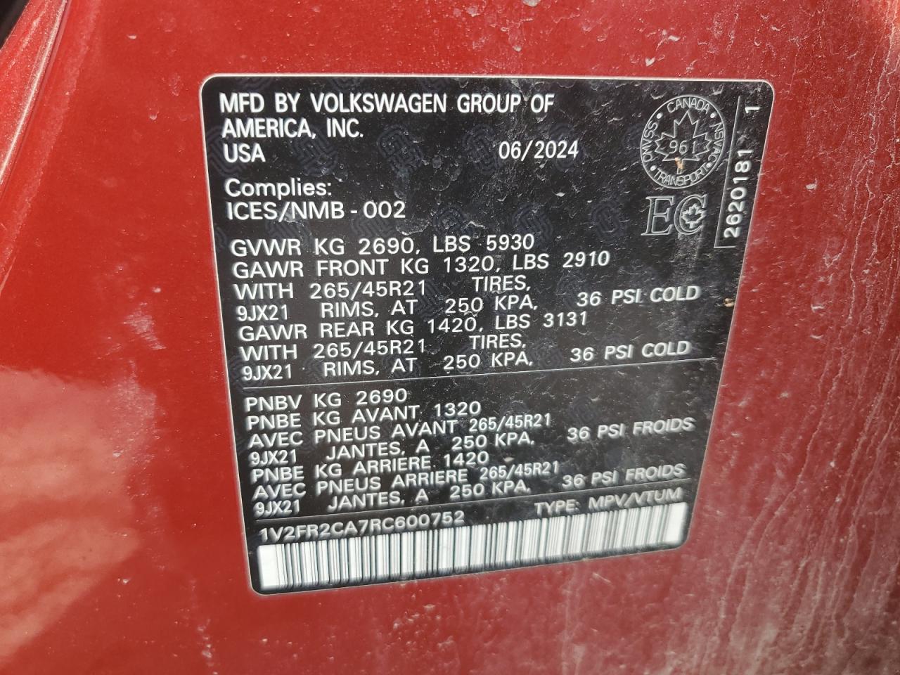 2024 Volkswagen Atlas Sel Premium R-Line VIN: 1V2FR2CA7RC600752 Lot: 67925445