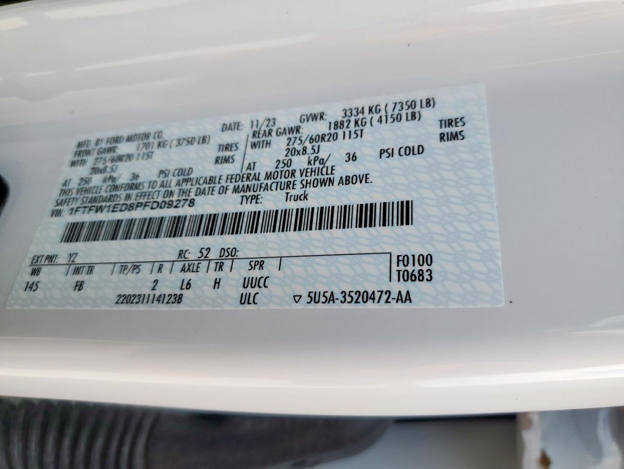 2023 Ford F150 Supercrew VIN: 1FTFW1ED8PFD09278 Lot: 68702535