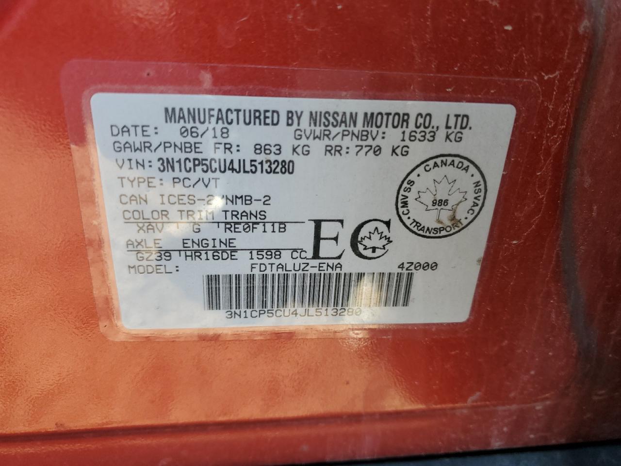 2018 Nissan Kicks S VIN: 3N1CP5CU4JL513280 Lot: 69610795