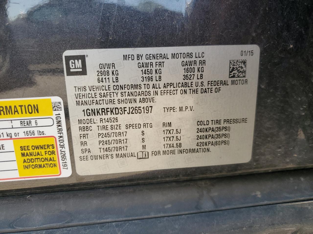 2015 Chevrolet Traverse Ls VIN: 1GNKRFKD3FJ265197 Lot: 68460975