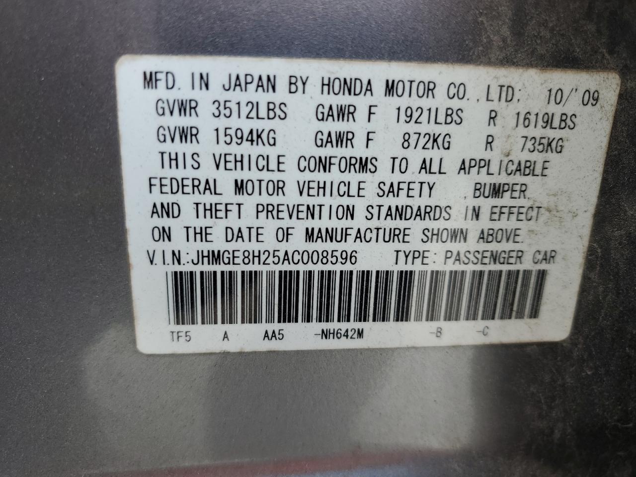 2010 Honda Fit VIN: JHMGE8H25AC008596 Lot: 67713235