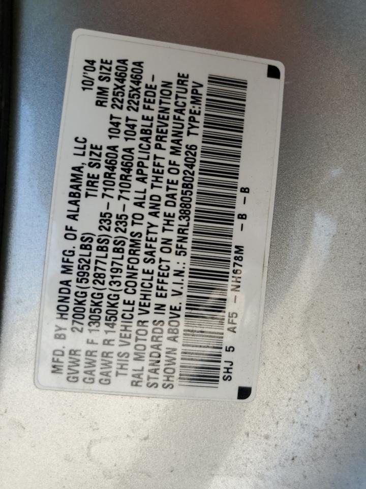 2005 Honda Odyssey Touring VIN: 5FNRL38805B024026 Lot: 69627395