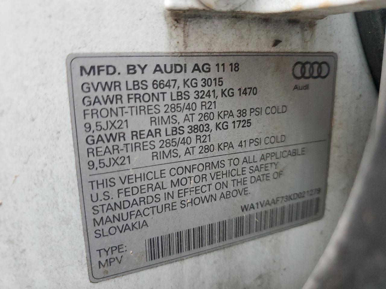 2019 Audi Q7 Prestige VIN: WA1VAAF73KD021279 Lot: 60134105
