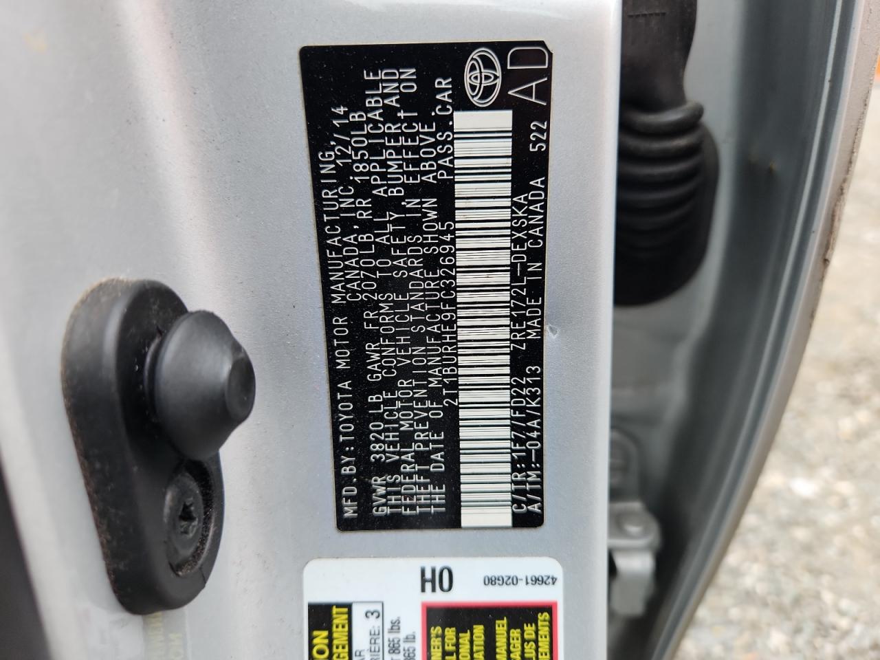 2015 Toyota Corolla L VIN: 2T1BURHE9FC326945 Lot: 68467245