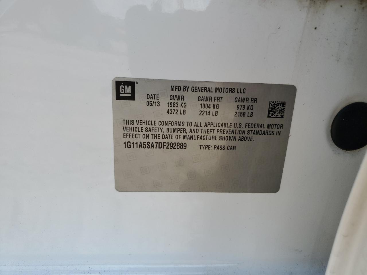 2013 Chevrolet Malibu Ls VIN: 1G11A5SA7DF292889 Lot: 69039705