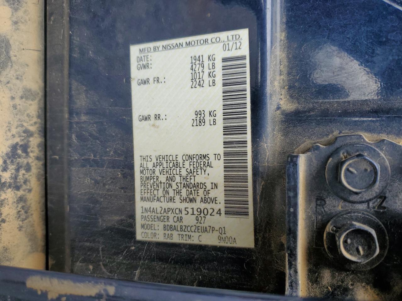 2012 Nissan Altima Base VIN: 1N4AL2APXCN519024 Lot: 67286685