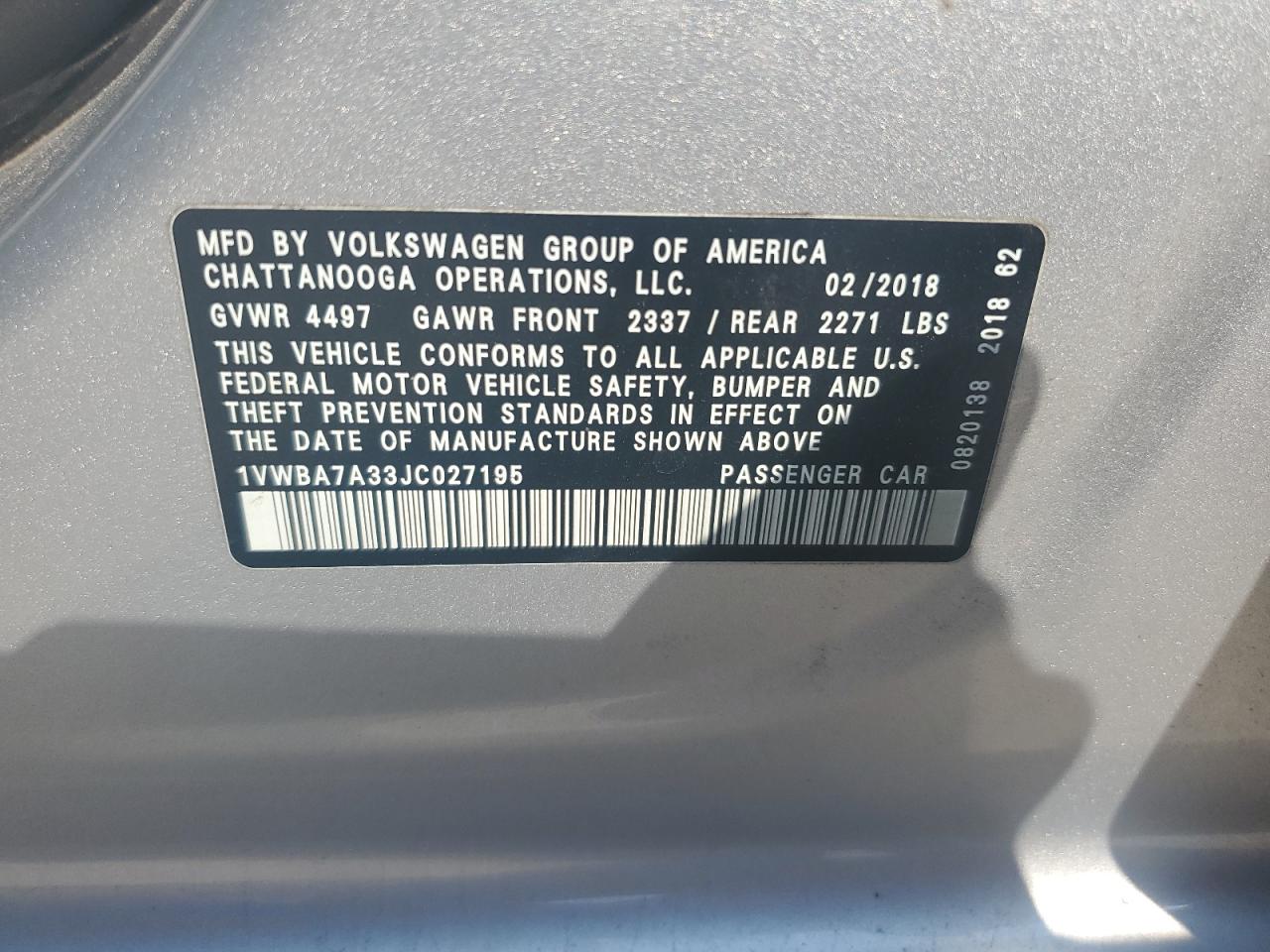 2018 Volkswagen Passat Se VIN: 1VWBA7A33JC027195 Lot: 69413895