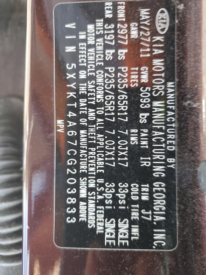 2012 Kia Sorento Base VIN: 5XYKT4A67CG203833 Lot: 70352765