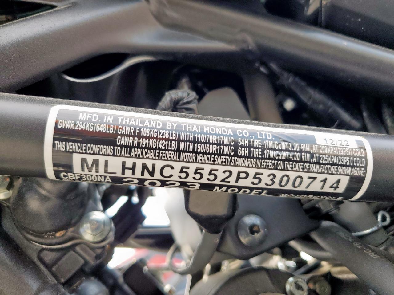 2023 Honda Cbf300 Na VIN: MLHNC5552P5300714 Lot: 70761815