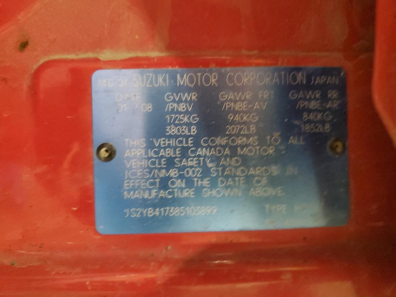 2008 Suzuki Sx4 Touring VIN: JS2YB417385103899 Lot: 68072245