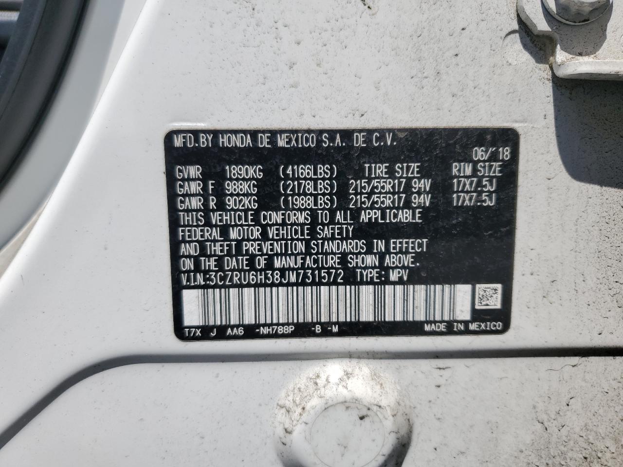 2018 Honda Hr-V Lx VIN: 3CZRU6H38JM731572 Lot: 69200495