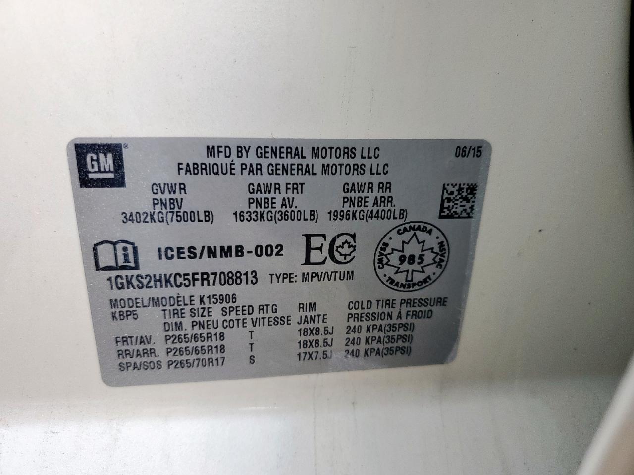 2015 GMC Yukon Xl K1500 Slt VIN: 1GKS2HKC5FR708813 Lot: 69459335